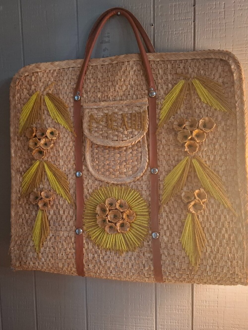 LARGE 20 x 20 Vintage Mexico Woven Straw Cabana Picnic Beach Bag Market Tote